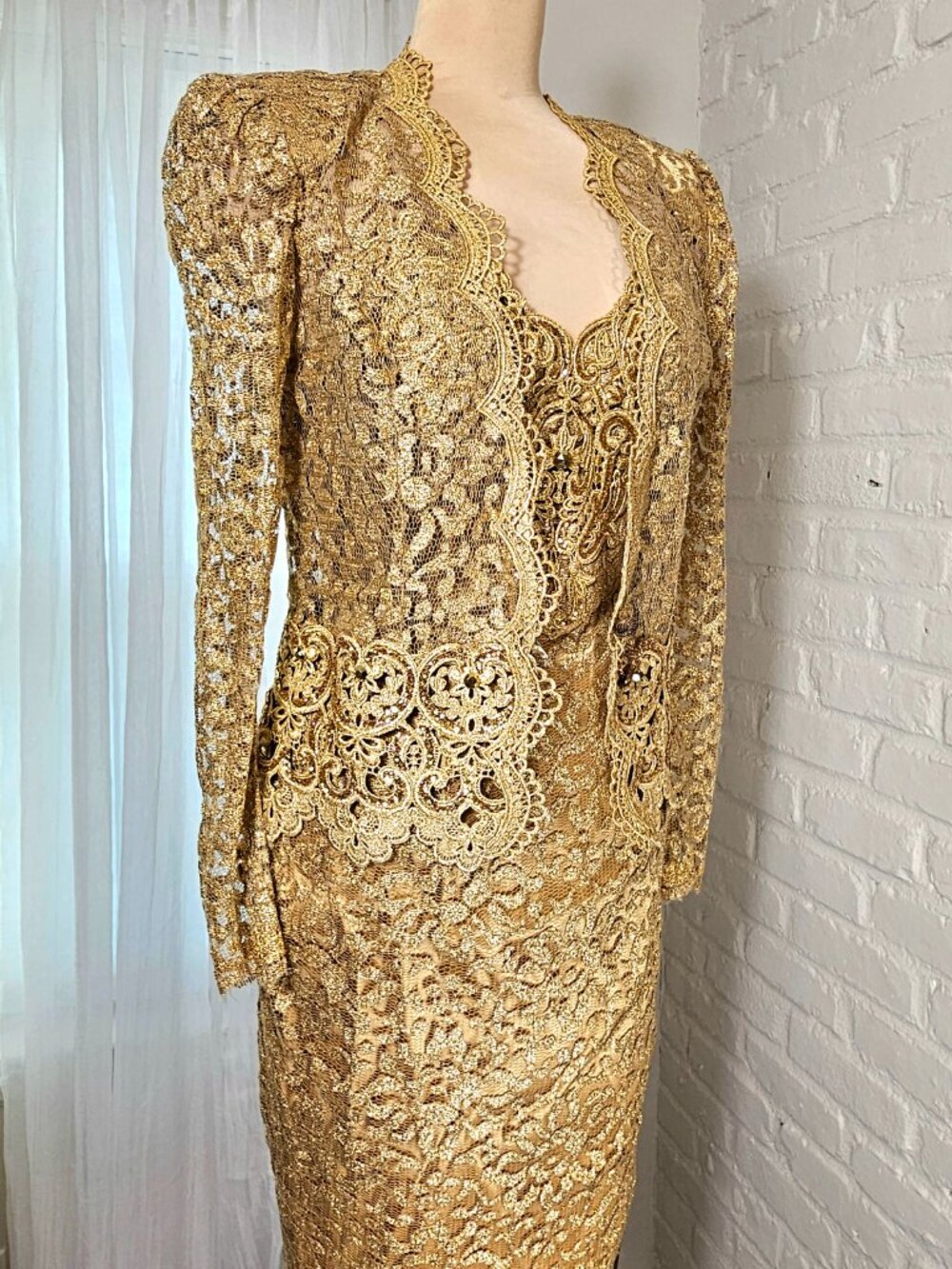 Vintage Jessica McClintock Gold Lace Dress Set Formal Evening Dress US 4 - Picture 5 of 11